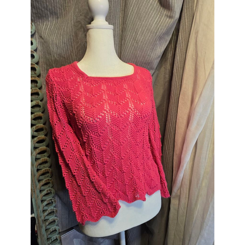 Vintage Y2K Crochet Knit Square Neck Crop Top FairyCore Bell Sleeve Sweater S